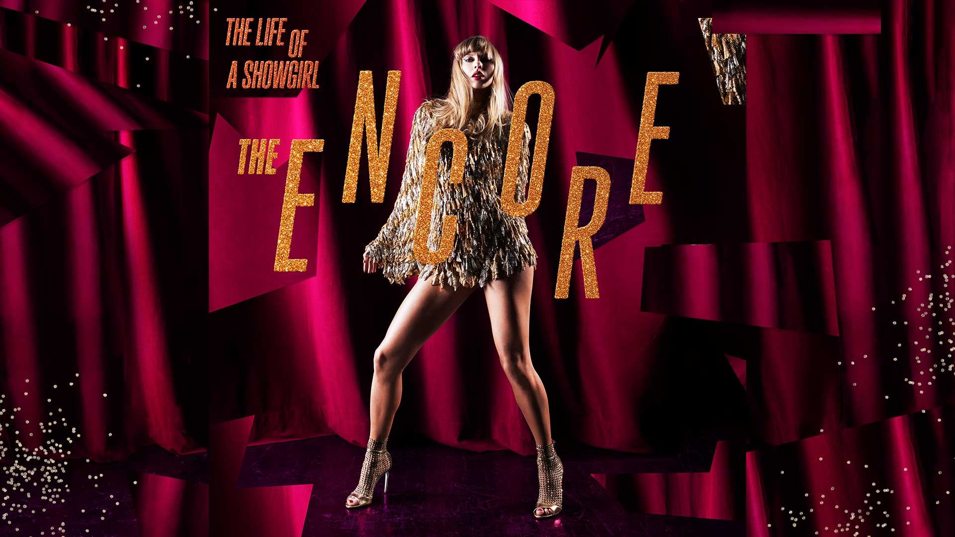 The Life of a Showgirl: The Encore artwork with orange glitter type over red velvet curtains